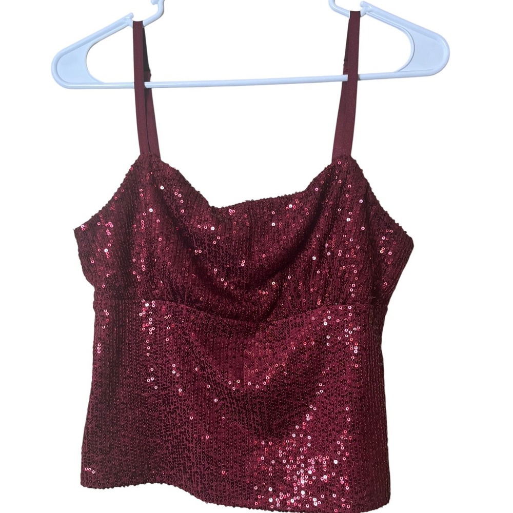 No Boundaries Burgundy Sequin Cami Top Size M 8-10 Sparkly Y2K Party Goth Glam